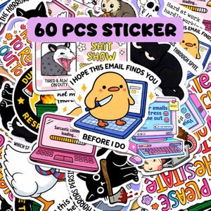 a collage of various stickers and illustrations, including a cartoon duck holding a knife, a laptop, and other whimsical and humorous elements. The stickers are arranged in a visually engaging manner, with the central focus being the cartoon duck. The image does not contain any text, and the stickers are not described in detail. The phrase "60 PCS STICKER" is visible, suggesting that there are multiple stickers in the collage.