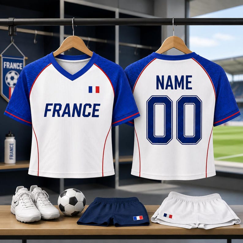 A pair of France national soccer team uniforms, including a jersey and shorts, are displayed on a rack.