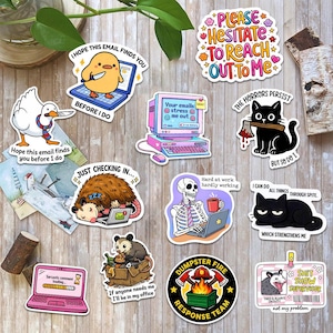 a collection of cartoon-style stickers and illustrations related to work and productivity, including a duck holding a computer, a skeleton with a coffee mug, and various other whimsical and humorous elements.