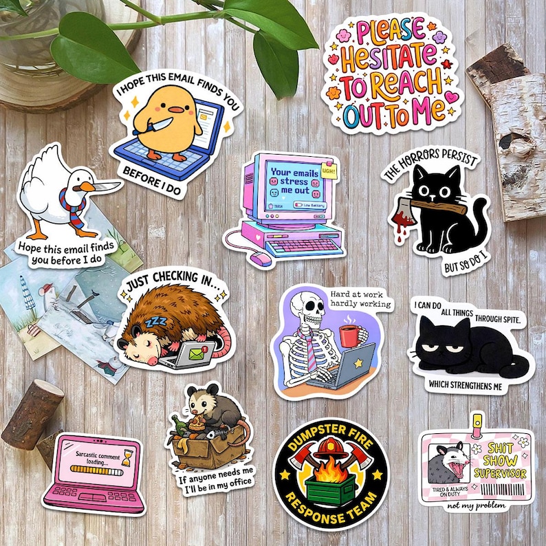 a collection of cartoon-style stickers and illustrations related to work and productivity, including a duck holding a computer, a skeleton with a coffee mug, and various other whimsical and humorous elements.