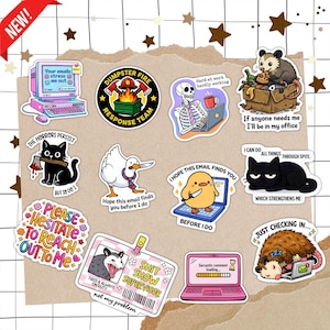 a collection of cartoon-style stickers with various humorous and whimsical phrases and illustrations.