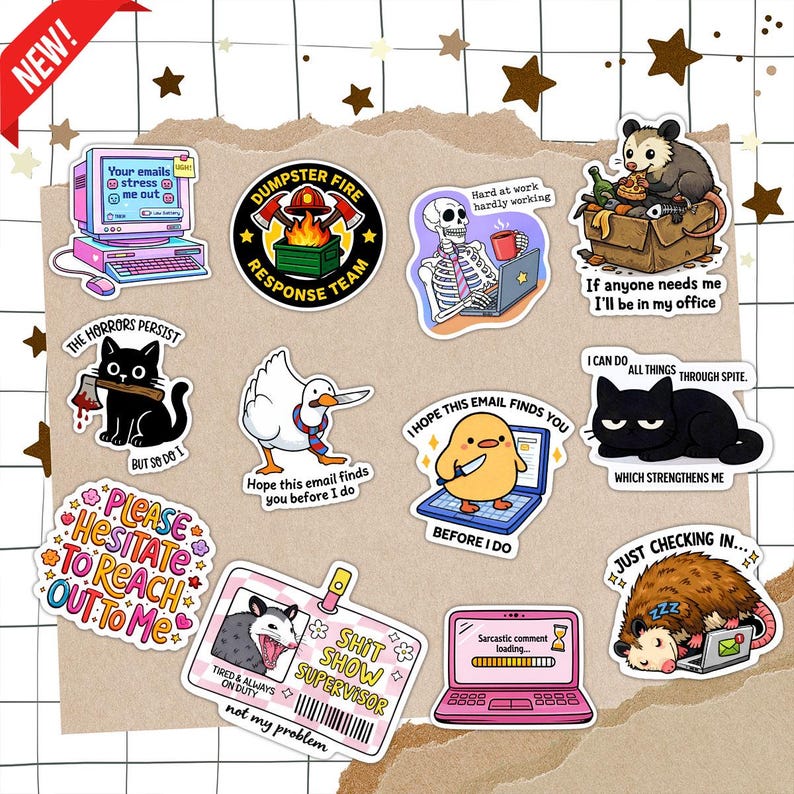 a collection of cartoon-style stickers with various humorous and whimsical phrases and illustrations.