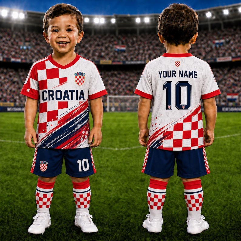 A young boy wearing a Croatia soccer jersey with the number 10, standing on a soccer field.