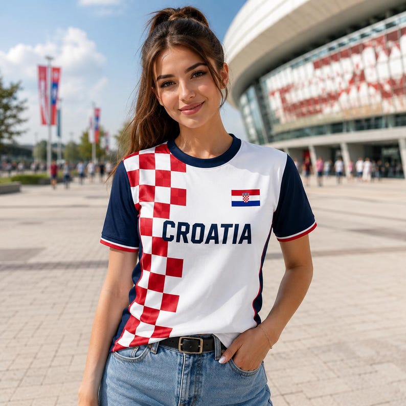A young woman wearing a white and red Croatia soccer jersey stands in front of a stadium, smiling at the camera.