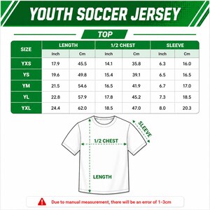 The image is a youth soccer jersey size chart, providing measurements for different age groups.