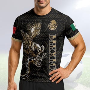 Custom Mexico Soccer Jersey – Personalized Name and Number Shirt, Black Eagle Aztec Design, Mexican Pride Football Gift for Men and Women