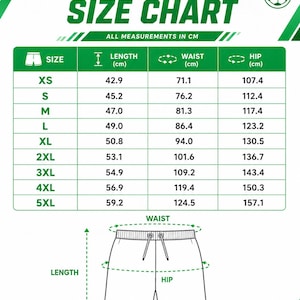 The image is a size chart for soccer shorts, providing measurements for different sizes in centimeters. The chart includes a table with the sizes XS, S, M, L, XL, 2XL, 3XL, and 4XL, along with their corresponding waist, hip, and length measurements. The chart also includes a diagram of a pair of soccer shorts to illustrate the measurements. The chart emphasizes the importance of manual measurements and specifies a 1-3 cm difference in size.