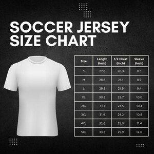 The image is a size chart for a soccer jersey, displaying the measurements for different jersey sizes.