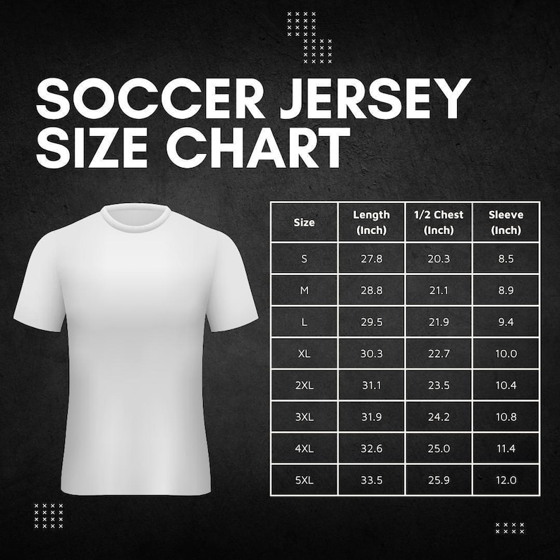 The image is a size chart for a soccer jersey, displaying the measurements for different jersey sizes.