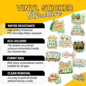 The image is a collection of various stickers with different designs and themes, including water resistance, eco-solvent, funny ideas, and clean removal.