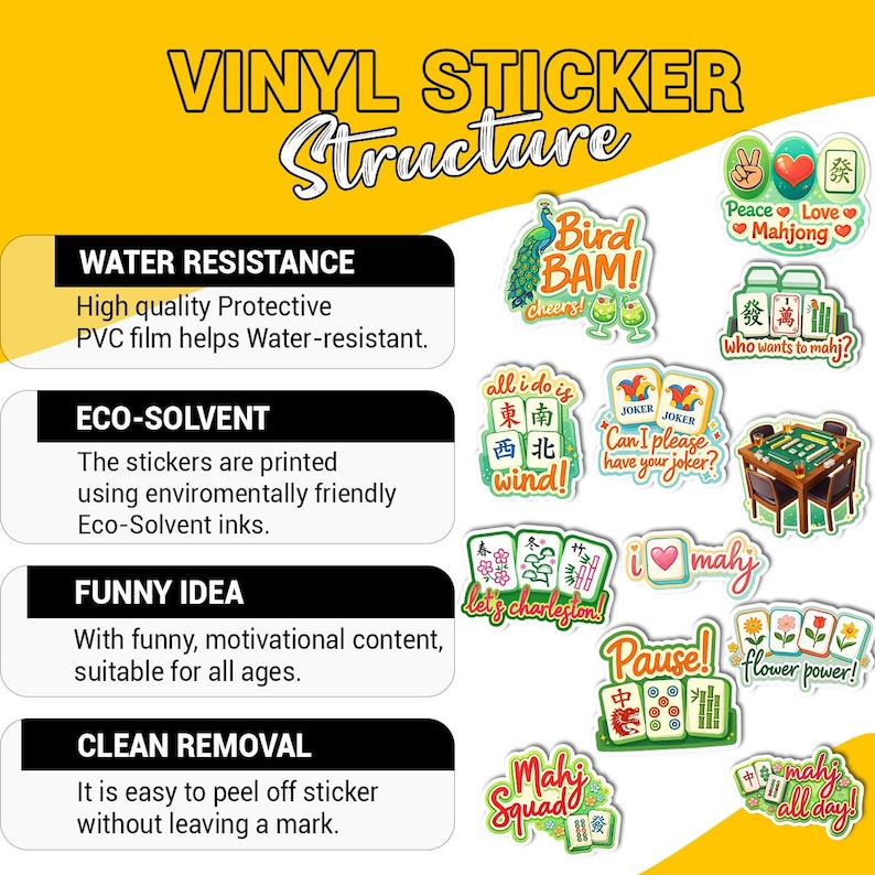 The image is a collection of various stickers with different designs and themes, including water resistance, eco-solvent, funny ideas, and clean removal.