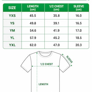 The image is a youth soccer jersey size chart that provides measurements for different jersey sizes, including chest, length, and sleeve size.