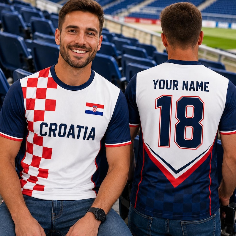A smiling man wearing a Croatia soccer jersey with the number 18 on the back, sitting in a stadium with rows of empty seats in the background.
