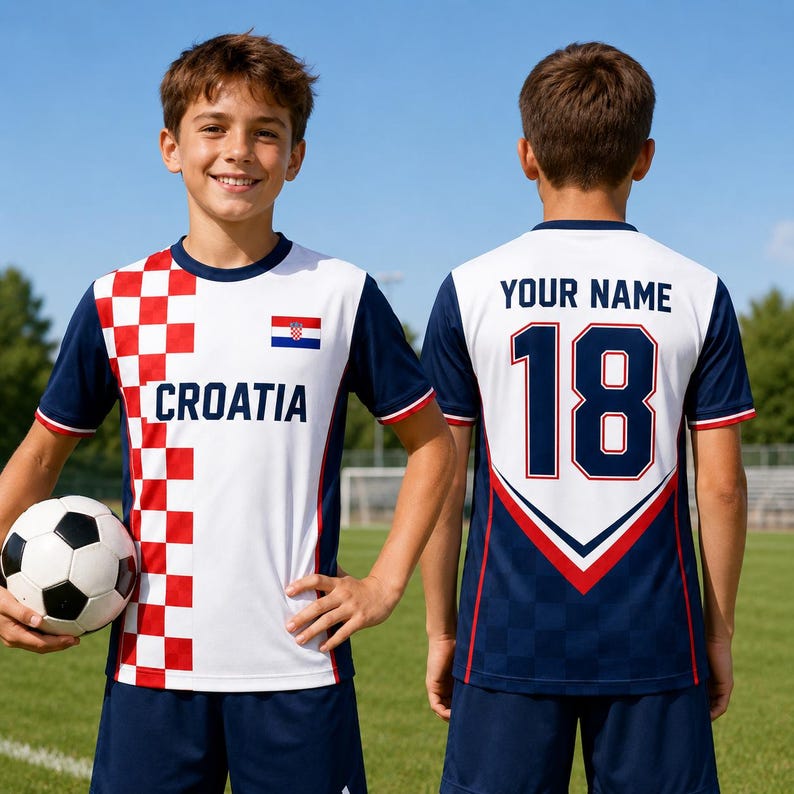 A young boy wearing a white and red soccer jersey with the word "Cratia" and the number 18, standing on a soccer field and holding a soccer ball.