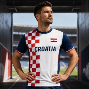A man wearing a white and red Croatia soccer jersey stands in a stadium, with the Croatia flag visible on the jersey.