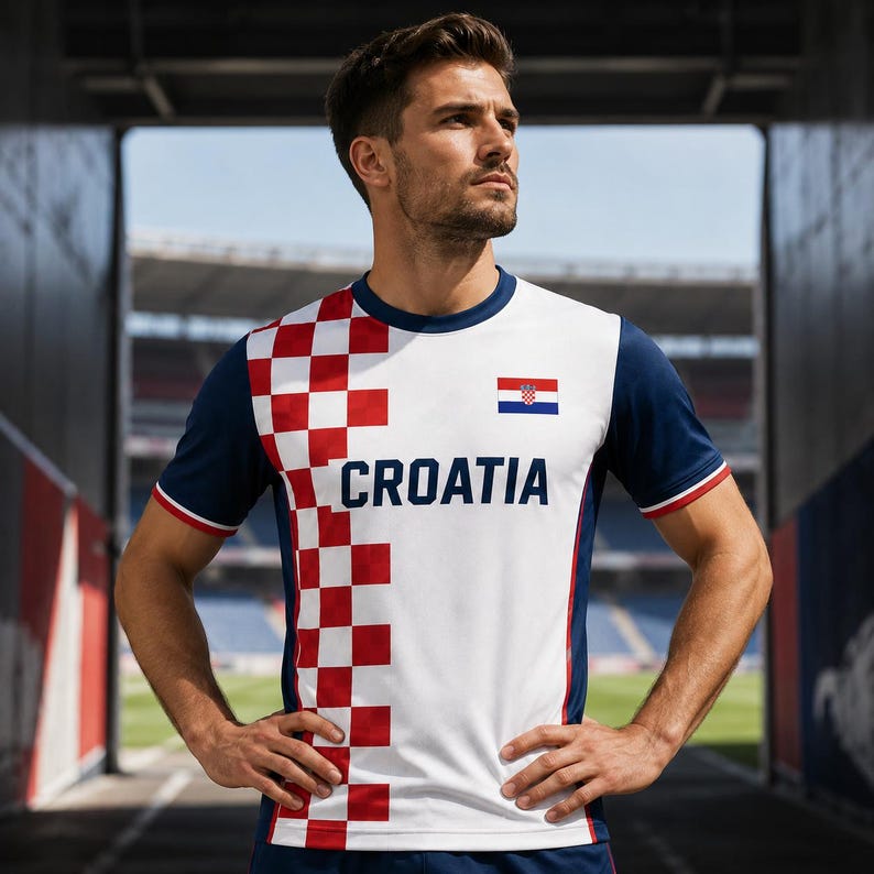 A man wearing a white and red Croatia soccer jersey stands in a stadium, with the Croatia flag visible on the jersey.