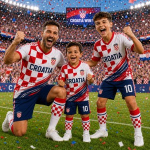 A group of three people, two men and a child, are celebrating on a soccer field with a large crowd in the background. They are wearing red and white Croatia soccer jerseys and appear to be cheering and celebrating a victory.