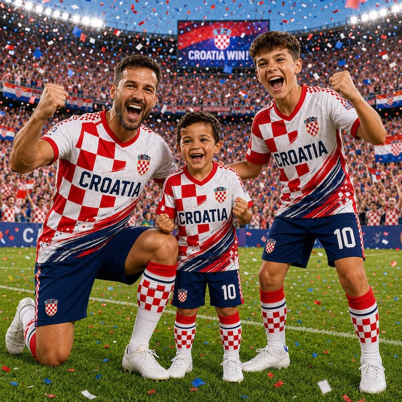 A group of three people, two men and a child, are celebrating on a soccer field with a large crowd in the background. They are wearing red and white Croatia soccer jerseys and appear to be cheering and celebrating a victory.