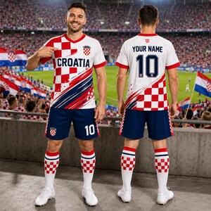 A smiling man wearing a Croatia soccer jersey with the number 10, standing in a stadium with a crowd in the background.