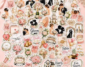 Paquete de 60 pegatinas para bodas, pegatinas de vinilo para planificadores de bodas, calcomanías de vinilo impermeables para novias, ideales para planificadores, álbumes de recortes y computadoras portátiles.