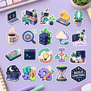 20PCS Coding Sticker Pack, Pastel Robots, Keyboards and Developer Desk Art, Programmer Gift