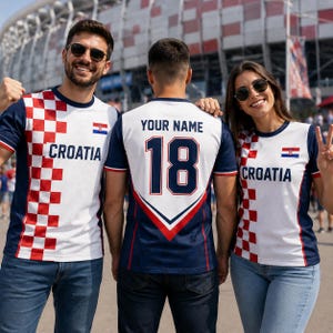 Three people wearing Croatia national team jerseys pose together in front of a stadium.
