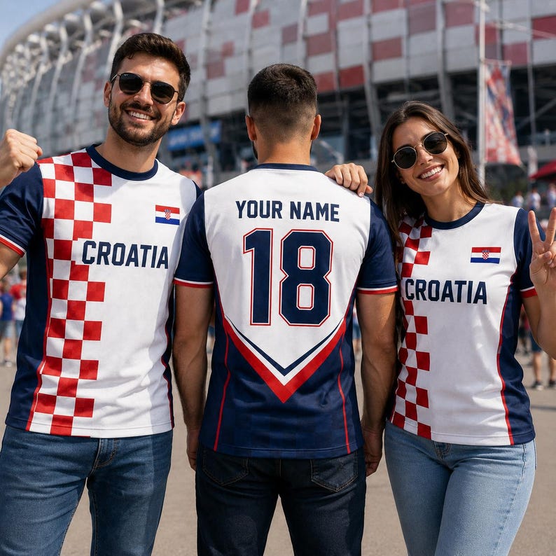 Three people wearing Croatia national team jerseys pose together in front of a stadium.
