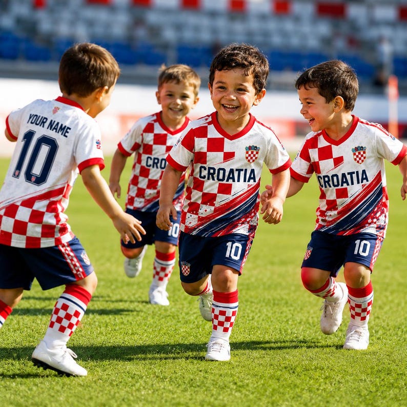 A group of young boys in red and white Croatia soccer uniforms are running and smiling on a soccer field.