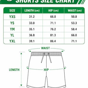 The image is a youth soccer shorts size chart that provides measurements for different sizes, including XS, YS, YM, YL, and XXL. The chart includes a diagram of the shorts with measurements for waist, hip, and length. The chart also includes a warning that due to manual measurement, a 1-3 cm difference is allowed.