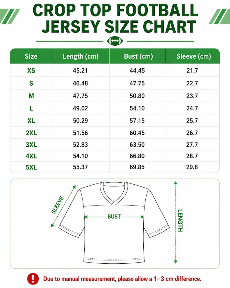 The image is a size chart for a crop top football jersey. It provides measurements for different jersey sizes, including bust, waist, and sleeve length, along with corresponding measurements in centimeters. The chart is designed to help customers determine the appropriate size for their desired jersey.