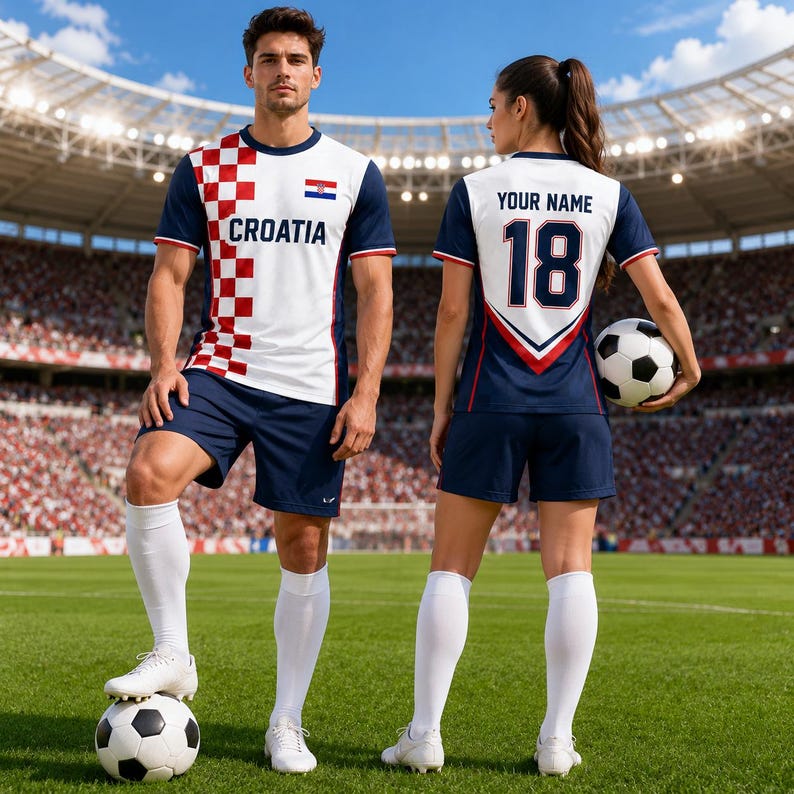 A man and a woman in Croatia soccer uniforms pose on a soccer field, with the man standing on one foot and the woman holding a soccer ball.