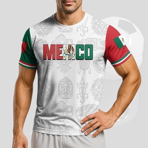 Custom Mexico Soccer Jersey – Personalized Name and Number, White Aztec Tribal Design, Red Green Flag Sleeve, Gift for Mexican Football Fan