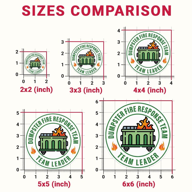 May include: A comparison chart displays stickers in various sizes, ranging from 2x2 inches to 6x6 inches. Each sticker features a green dumpster with flames, the text "DUMPSTER FIRE RESPONSE TEAM," and "TEAM LEADER" in a circular design.
