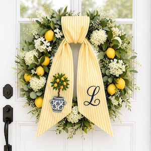 Custom Lemon Tree Wreath Sash, Yellow Striped Embroidered Monogram Bow, Chinoiserie Front Door Decor, Custom Monogram Door Hanger