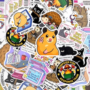The image is a collage of various cartoon animal stickers, including a hamster, a cat, a dog, and a bird, along with other stickers depicting different office-related items and animals.