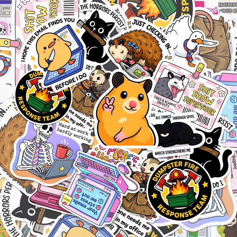 The image is a collage of various cartoon animal stickers, including a hamster, a cat, a dog, and a bird, along with other stickers depicting different office-related items and animals.