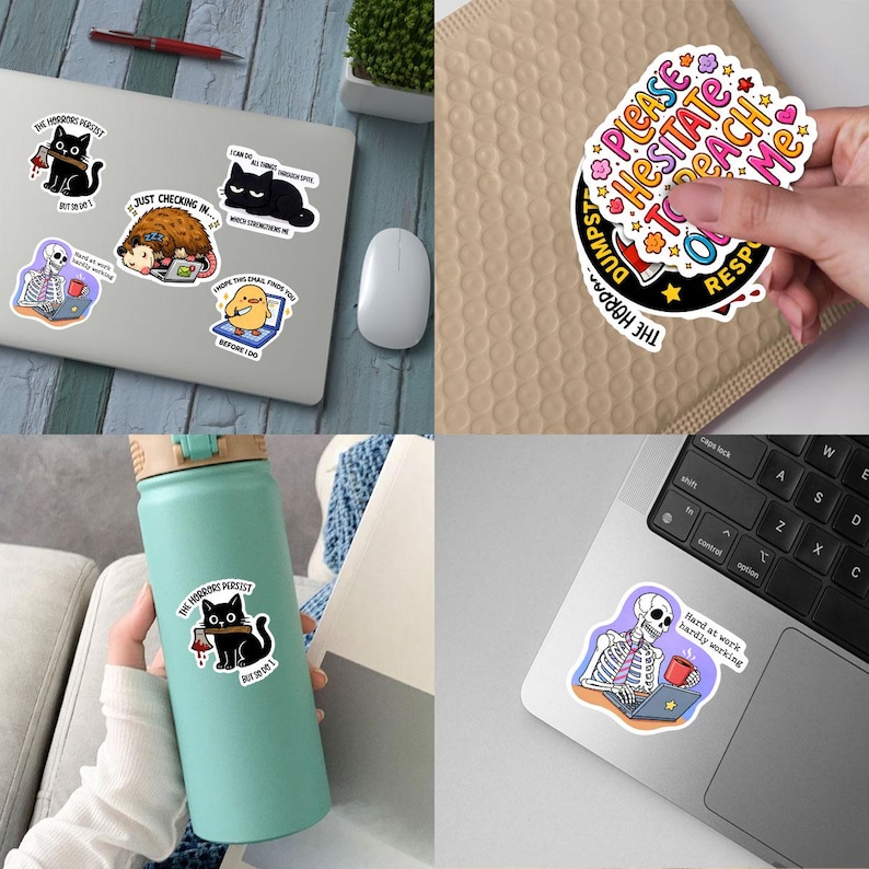 The image is a collage of four different images, each featuring a sticker or sticker-like object on a laptop, a water bottle, a mouse, and a keyboard.