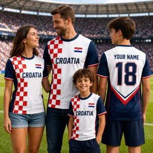 A family of four, consisting of two adults and two children, are posing together in a stadium, wearing matching Croatia soccer jerseys.