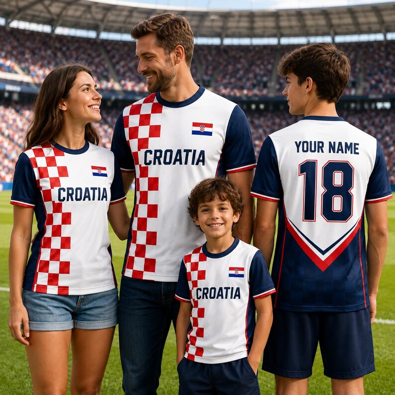 A family of four, consisting of two adults and two children, are posing together in a stadium, wearing matching Croatia soccer jerseys.