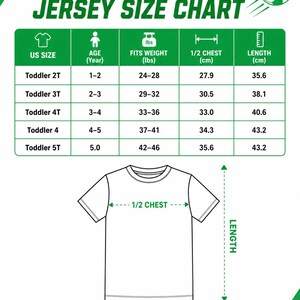 The image is a size chart for a kid soccer jersey, providing measurements for different age groups and chest sizes.