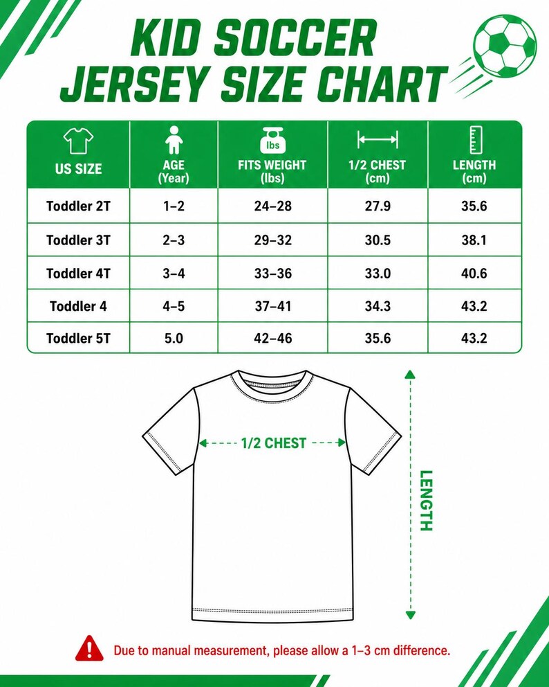 The image is a size chart for a kid soccer jersey, providing measurements for different age groups and chest sizes.
