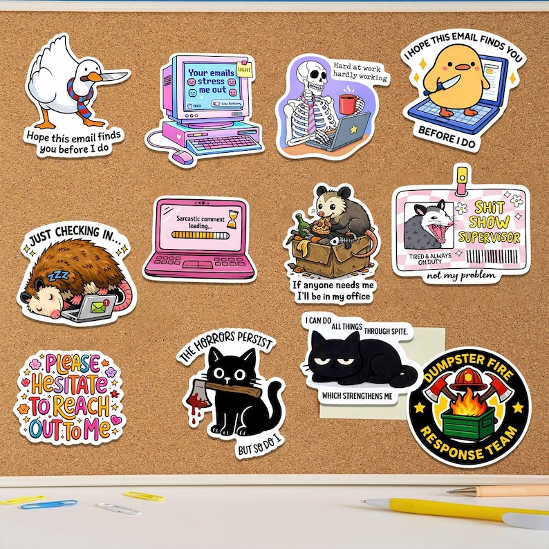 a collection of cartoon-style stickers with various humorous and informative messages. The stickers are arranged on a corkboard or bulletin board, and there are some pens and a keyboard visible in the background.