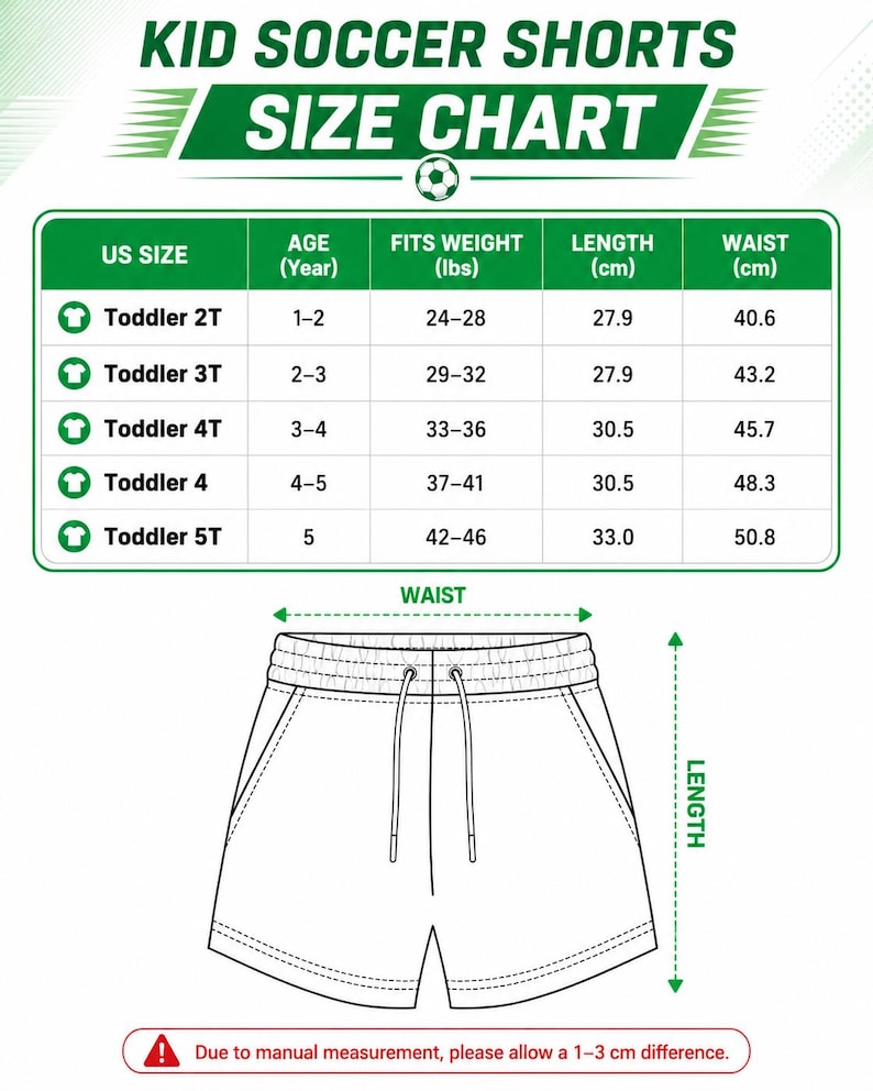 The image is a size chart for kid soccer shorts, providing measurements and corresponding age groups for different sizes.