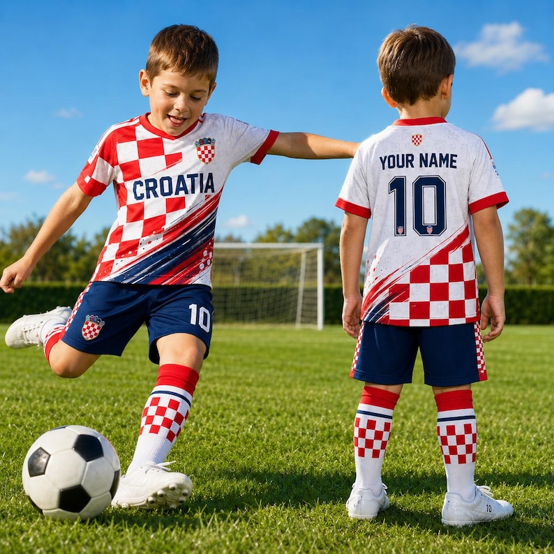 A young boy in a Croatia soccer uniform is playing with a soccer ball on a grassy field.