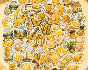 Paquete de 60 pegatinas amarillas estéticas, calcomanías de vinilo impermeables Kawaii lindas, pegatinas de girasoles y naturaleza para laptop, botella, diario.