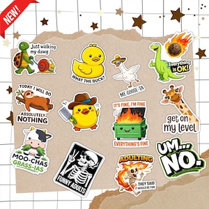 a collection of cartoon animal stickers, including a duck, turtle, snake, sloth, giraffe, and cow, along with various humorous and thought-provoking phrases.