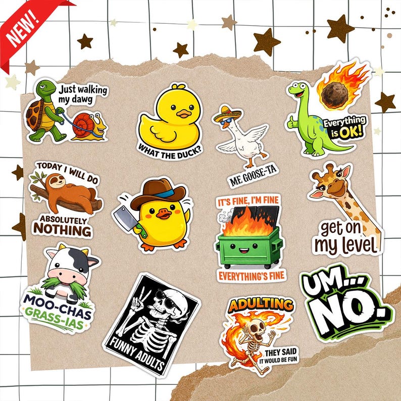 a collection of cartoon animal stickers, including a duck, turtle, snake, sloth, giraffe, and cow, along with various humorous and thought-provoking phrases.