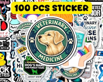 100Pcs Cute Veterinary Stickers, Vet Tech Sticker Pack, Vet Med Sticker Sheet, Funny Gifts for Vet Tech Week, Waterproof Vinyl Stickers