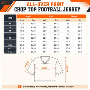 The image is a detailed size chart for a crop top football jersey, providing measurements for different sizes such as XS, S, M, L, XL, 2XL, 3XL, and 4XL. The chart includes the length, bust, and sleeve measurements for each size, along with the corresponding cm measurements. The chart also includes a diagram of a football jersey, which is used to illustrate the measurements. Due to the nature of the image, I cannot provide any additional information beyond the provided details.