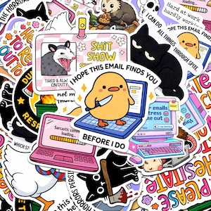 a collage of various cartoon-style stickers and illustrations, including a cartoon duck holding a knife, a cat, and other whimsical elements. The image does not contain any text that can be described in fewer than 500 characters.